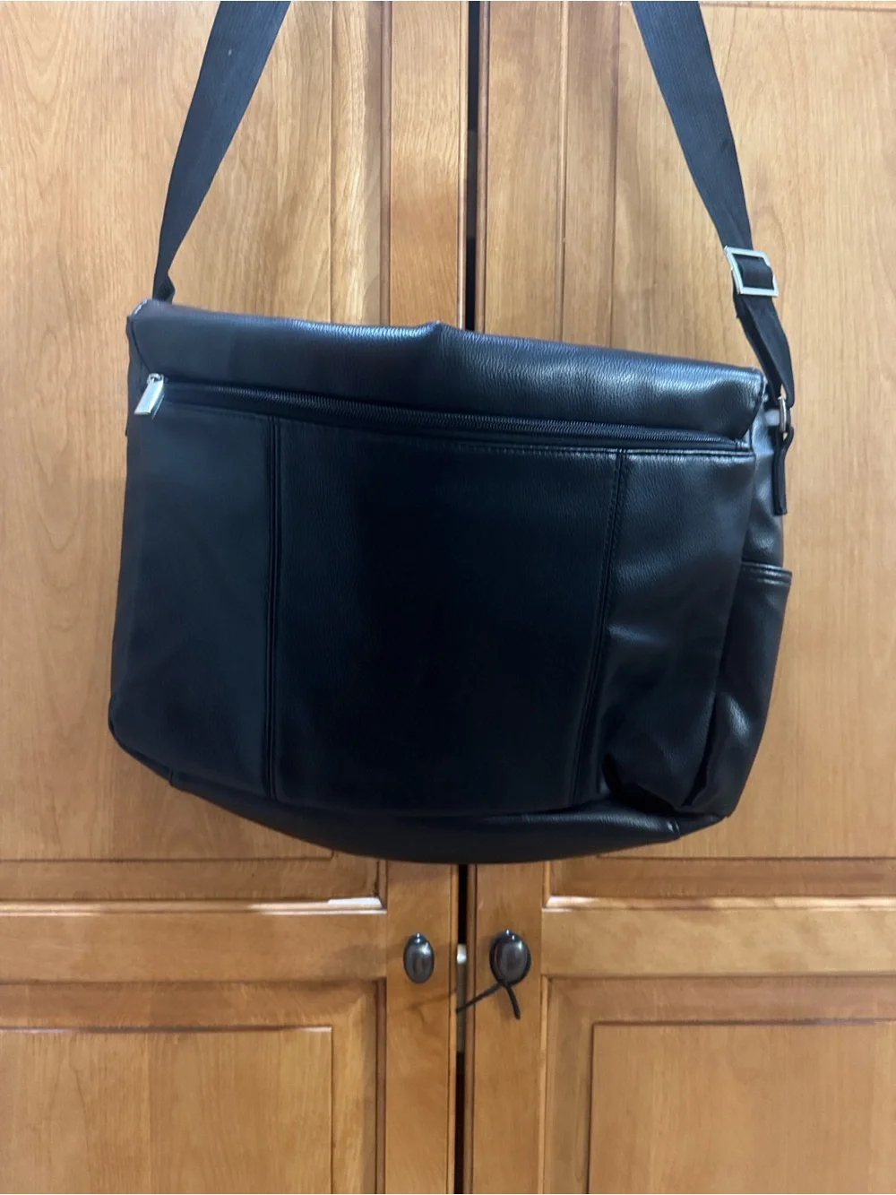Kenneth Cole Black Faux Leather Messenger Bag with Adjustable Strap